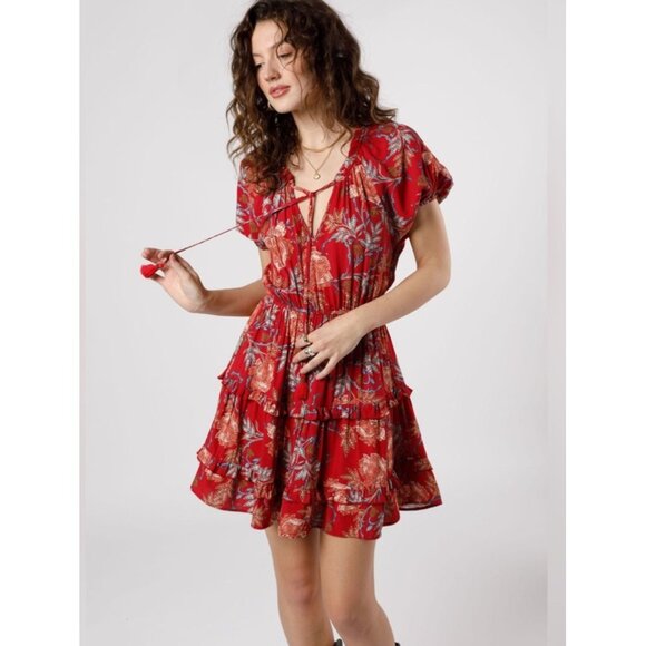 Band of the Free Connie Garnet Blush Boho Tiered Dress Sz Large Womens Red Cinch - Picture 13 of 13